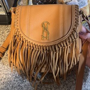 Fringe Crossbody Bag in Tan with Gold Logo